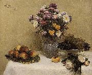 Henri Fantin-Latour White Roses, Chrysanthemums in a Vase, Peaches and Grapes on a Table with a White Tablecloth painting